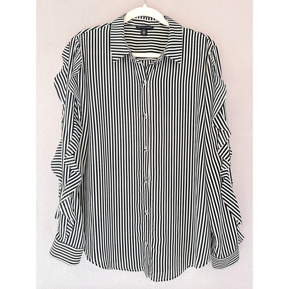 Saks Fifth Avenue Womens Large Black White Striped Ruffle Sleeve Button Up Shirt